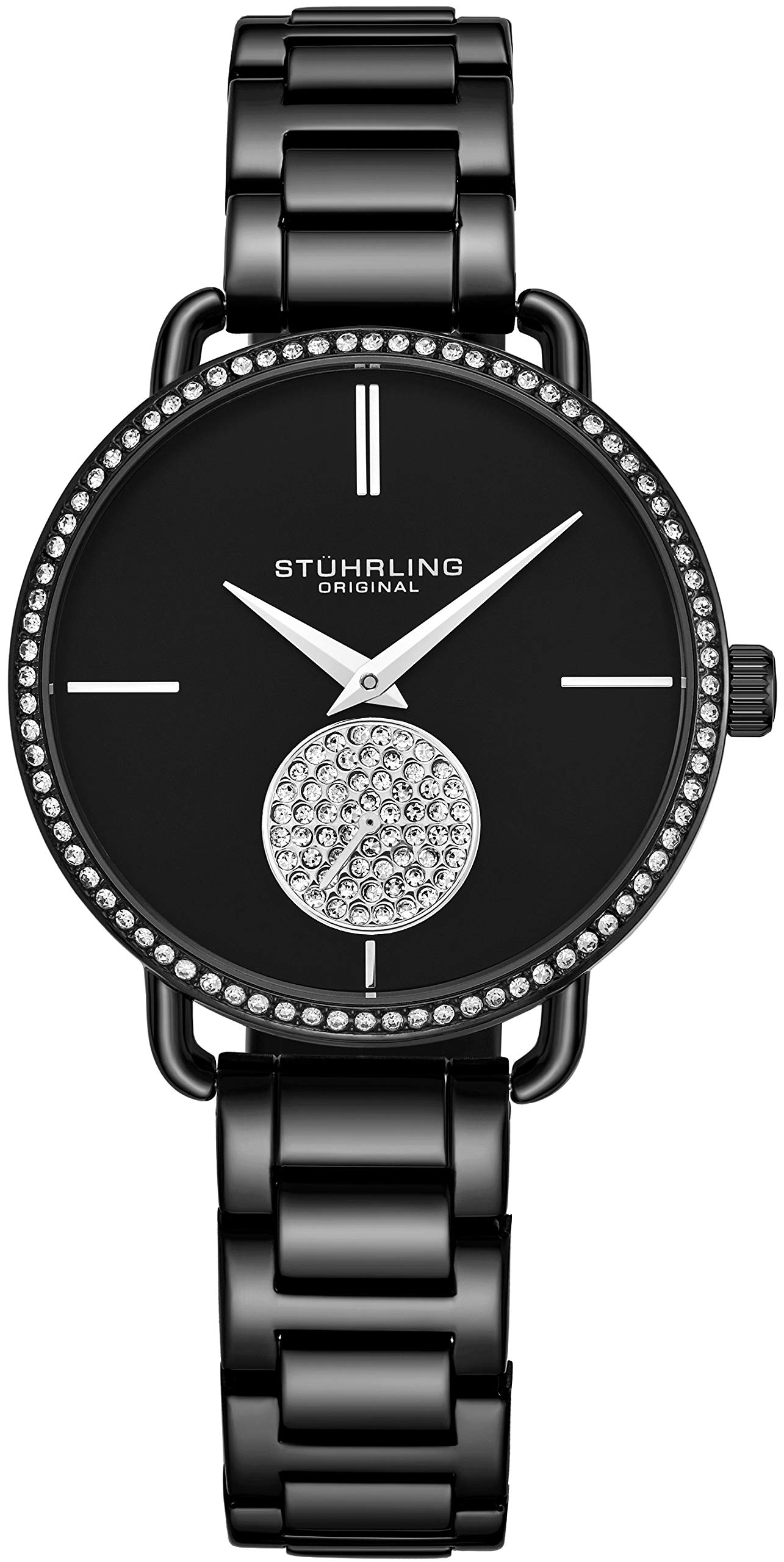 Stuhrling Original Womens Watch Krystal Diamond Analog Watch Dial and Bezel, Stainless Steel Bracelet 3909 Watches for Women Collection (Black)