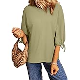 SHEWIN Women's 3/4 Length Sleeve Tunic Tops Loose Fit Casual Crewneck Waffle Knit T Shirts