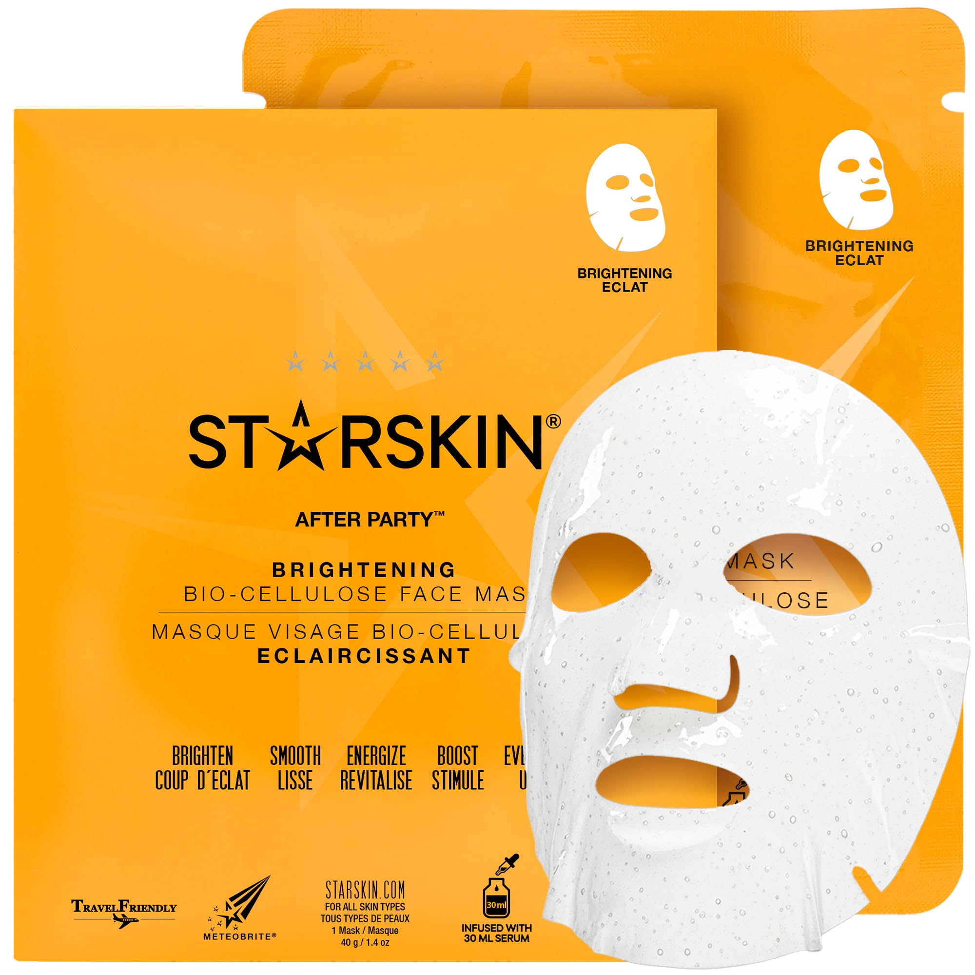 STARSKIN After Party 1x40g, Bio-Cellulose Brightening Face Mask for all Skin Types, Korean Skincare Mask infused with Vitamin C Serum and Niacinamide, Energizing and Soothing, K Beauty Skincare