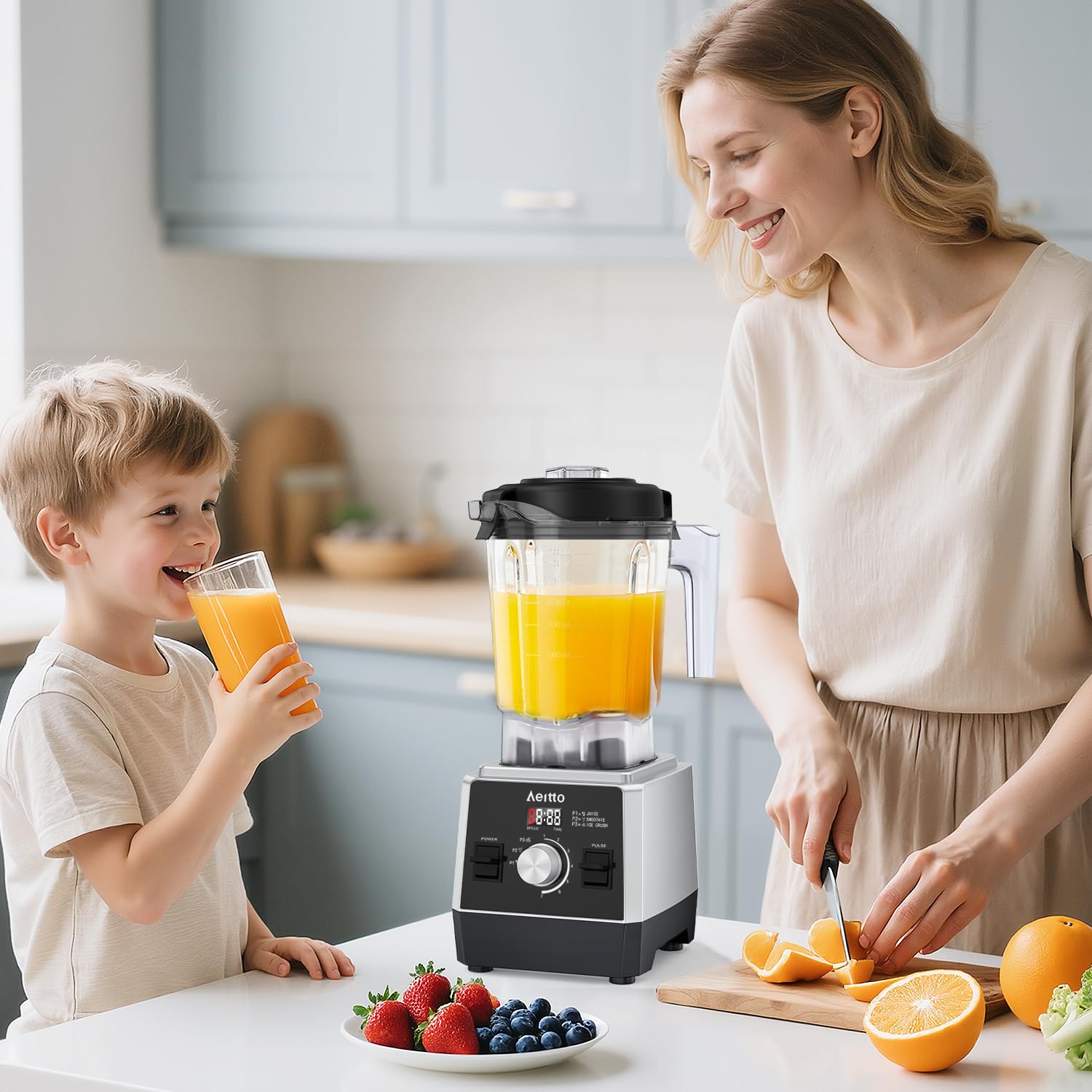 Licuadoras Aeitto para Cocina con 68Oz. Batidora de batidos de gran capacidad, potencia máxima de 1800 W, 3 programas preestablecidos y 7 velocidades, batidora de encimera profesional para batidos, trituración de hielo, bebidas congeladas, color negro