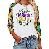 OCURHU Women Mardi Shirt 3/4 Sleeve Fat Tuesday Tshirt New Orleans Party Mask Graphic Outfits