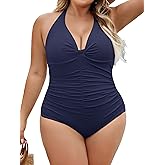 B2prity Women's Plus Size One Piece Swimsuit Tummy Control Ruched Slimming Bathing Suit Halter V Neck Swimwear