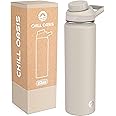 Chill Oasis Water Bottle | Fits Popular Flavor Cartridges | BPA Free, Leak Proof, Double-Walled Vacuum Insulated Stainless Steel, and Dishwasher Safe (Beige, 22oz)