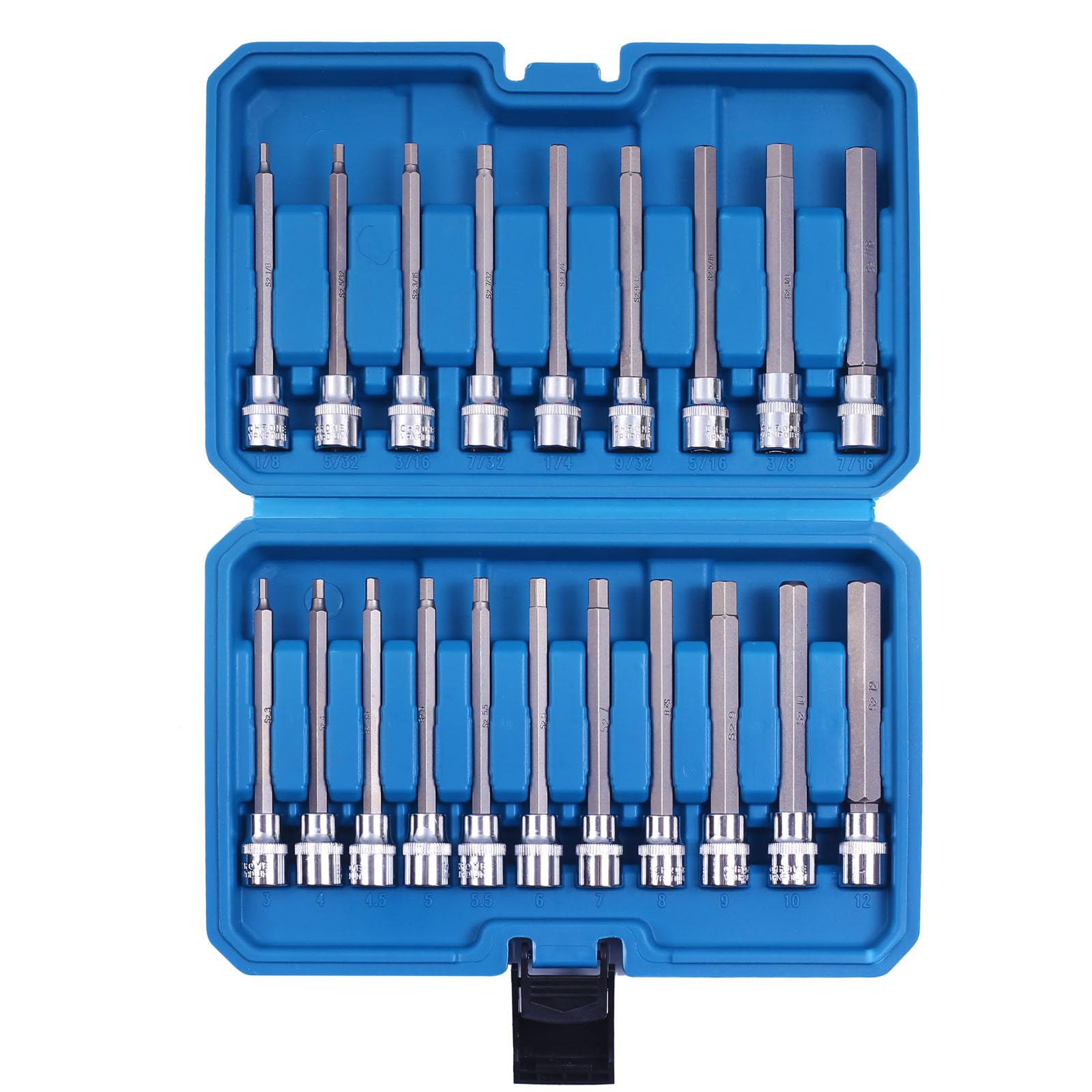 Photo 1 of 20PCS Extra Long Hex Bit Socket Set 3/8 Inch Drive | Standard SAE & Metric (1/8-Inch - 3/8-Inch, 3-12mm) | S2 Alloy Steel Allen Bits | Heavy Duty Cr-V Sockets Set