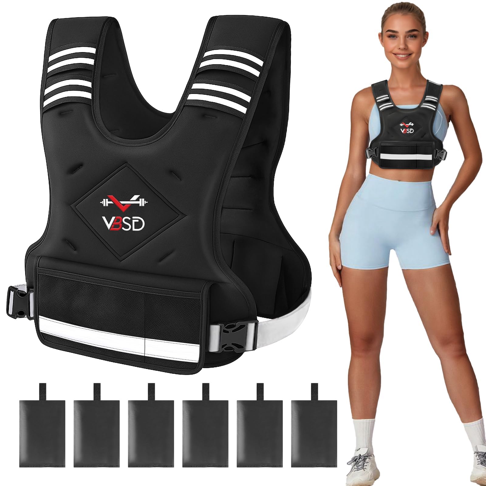 Photo 1 of Adjustable Weighted Vest for Women Men 11-20lb Vest with 6 Ironsand Weights Body Weight Vest with Reflective Strip for Running Walking Strength Training Workouts