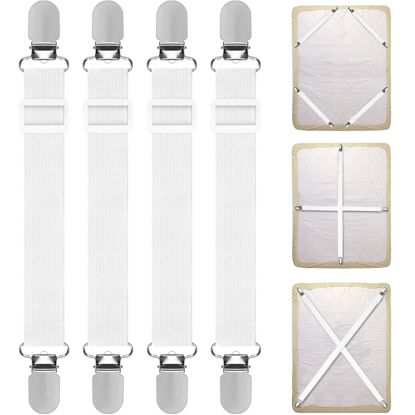 Quelcc Bed Sheet Clips, 4PCS Adjustable Bed Sheet Straps, Elastic Sheet Straps Suspenders Clips for Bedding, Fitted Bed Sheet Grippers to Keep Your Sheets in Place