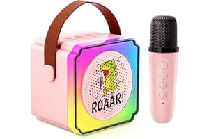 Ainrvteers Kids Karaoke Machine、Kareoke Machine with Bluetooth and Wireless Microphone for Kids， Toys Gifts for Girls Boy Ages 4, 5, 6, 7, 8, 9, 10, 12 +Year Old Birthday (Pink-1 Mic)