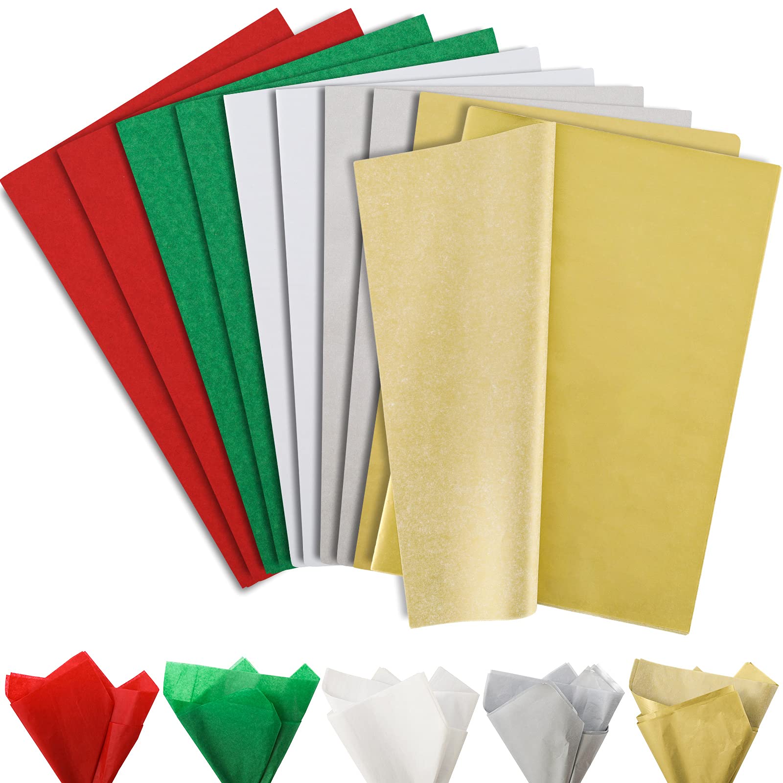 Whaline Christmas Tissue Paper Assorted Colors Wrapping Paper Dark Green Red Gold Silver White Gift Wrapping Tissue Paper for Home DIY and Craft Gift Bags New Year Decorations, 100 Sheets