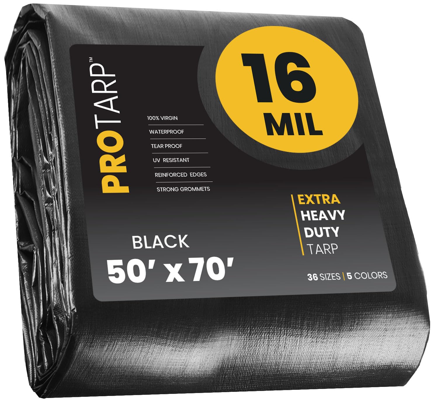 PROTARP Extra Heavy Duty 16 Mil Tarp Cover, Waterproof, UV Resistant, Rip and Tear Proof, Poly Tarpaulin with Reinforced Edges for Roof, Camping, Patio, Pool, Boat. (Black 50′ X 70′) Image