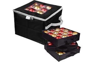 ProPik Christmas Ornament Storage Box, Organizer Holds Up to 48 Xmas Balls with 3 Separate Removable Trays, Container has Dividers to Organize Holiday Tree Ornaments (Black)