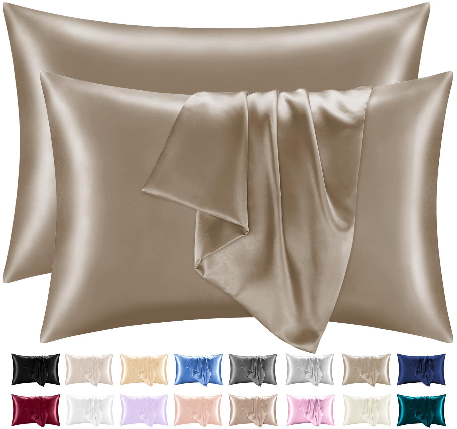 Lazzaro Satin Silk Pillowcases for Hair and Skin - Hypoallergenic Silk Pillow Cases 2 Pack with Envelope Closure - Ultrasoft Standard Size Khaki Silk Pillowcases (50 x 75 cm) — image 1