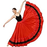 Women Flamenco Ruffle Satin Full Long Skirt Maxi Spanish Folklorico Dress for Belly Dance Performances Costume