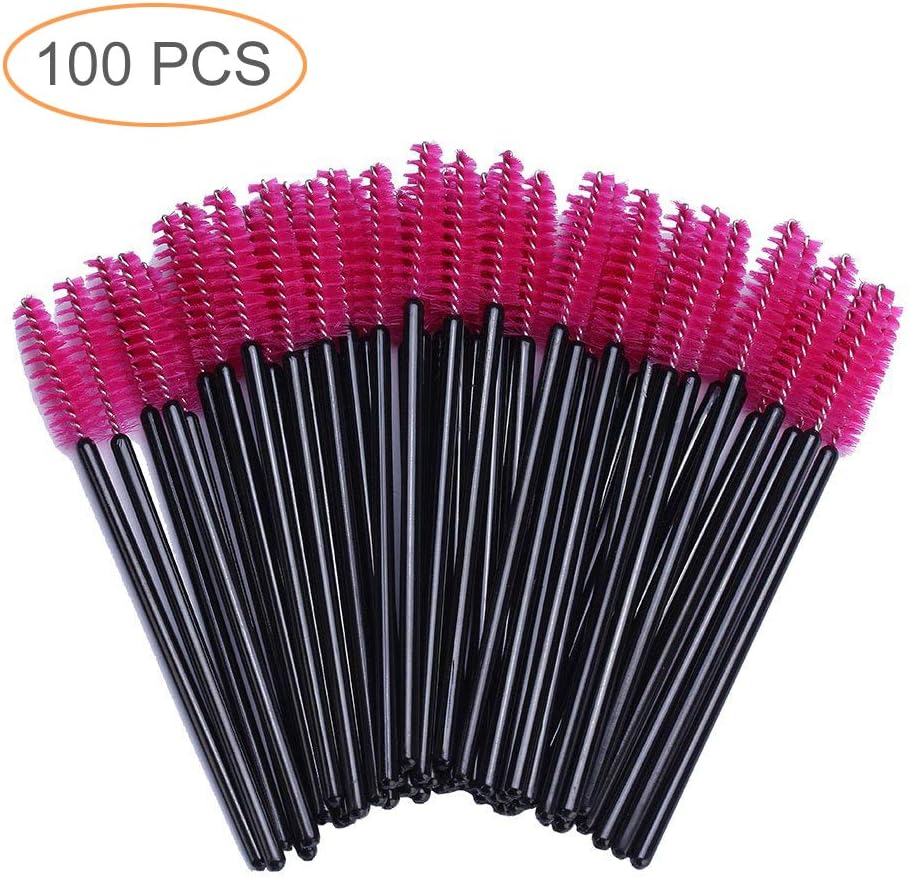 100 Pack Mascara Wands, Disposable Lash Brushes for Eyelash Extensions Makeup Brush Bulk Tool Set, Pink