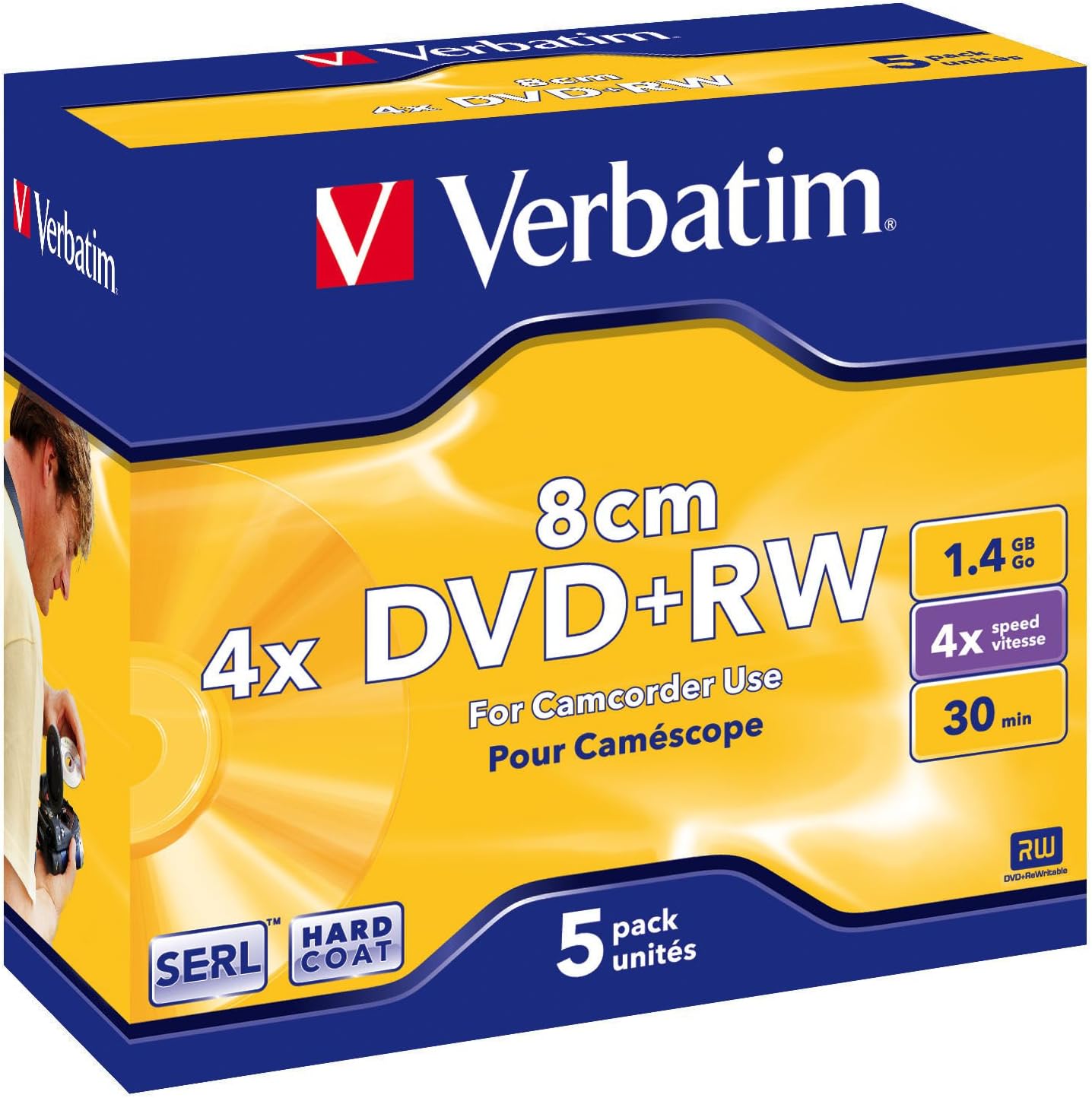 Verbatim DVD+RW 8cm 4X 1.4GB Hard Coat. Branded Matt Silver,5 Pack