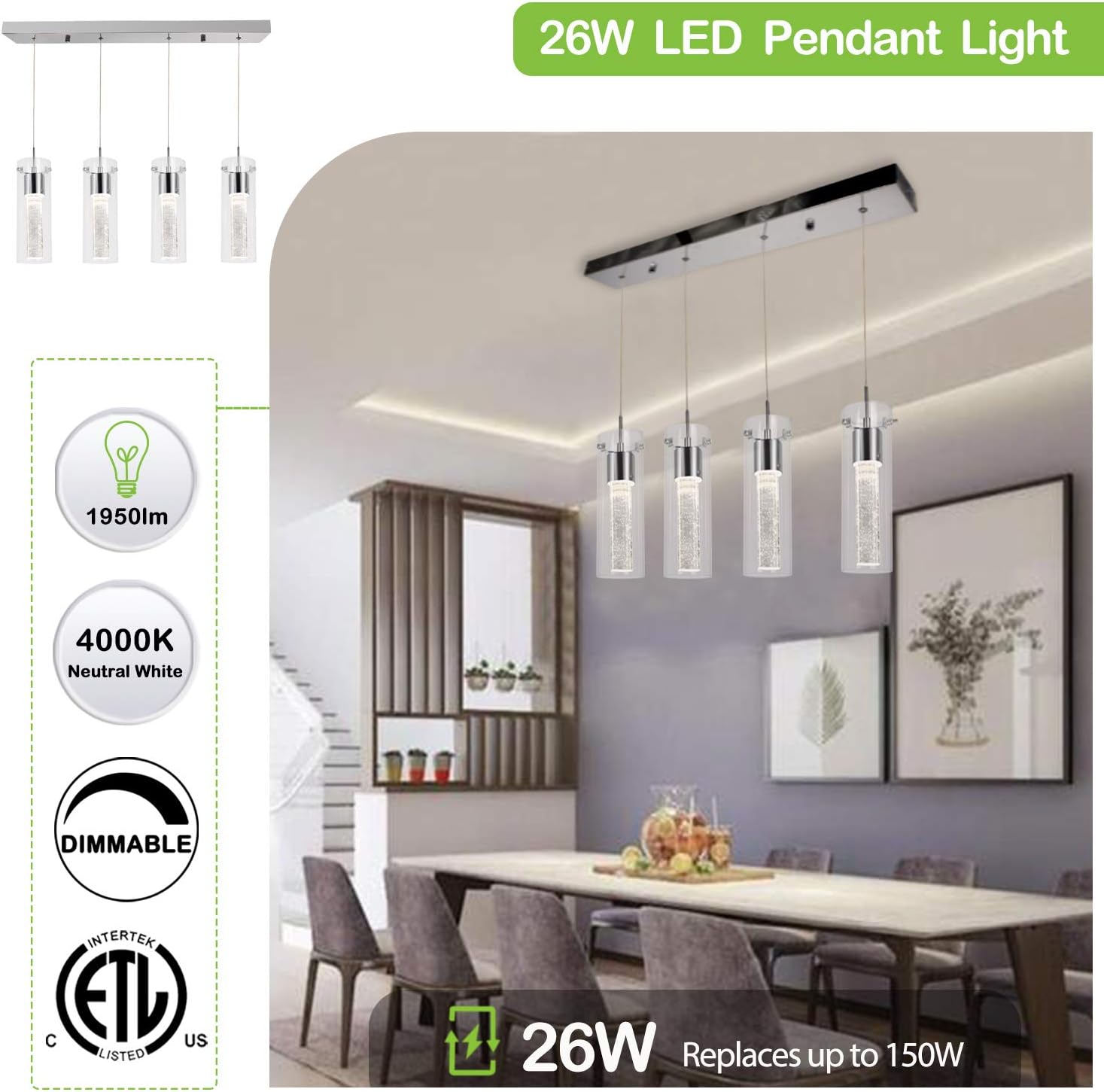 4-Light Pendant Ceiling Fixture, Integrated LED Kitchen Lighting, 26W (150 Watt Equivalent) CRI 90+, 1950lm Premium Bubble Glass with Chromed Finished ETL Listed - - 
