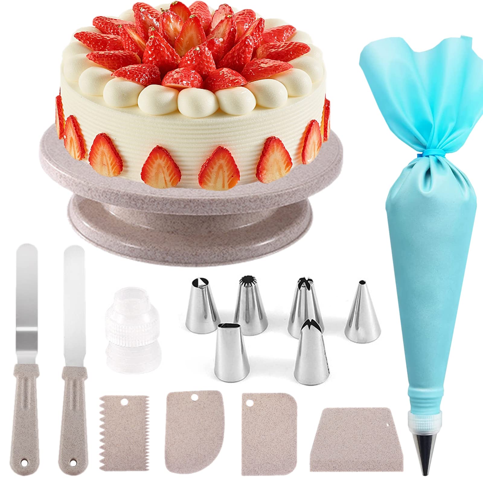 SAKUUMI 15pcs Cake Decorating Kit Includes Turntable 6 Piping Nozzles Straight & Offset Spatula 4 Scrapers Set Icing Coupler Silicone Pastry Bag, Baking Tools Accessories for Beginners, Beige