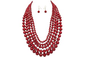 JHWZAIY 5 Layered Beaded Statement Chunky Necklaces For Women - Multi Strand Colorful Bead Layered Bib Necklace For Women Fashion Jewelry Costume Earring Set