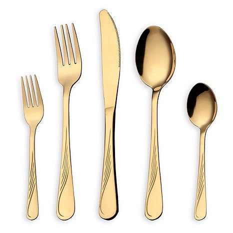HOMQUEN 30 Stück Edelstahl Besteck Set, glänzendes Gold Besteck Set, Messer Gabeln Löffel Set für 6 Personen (Gold, 6 Sets)