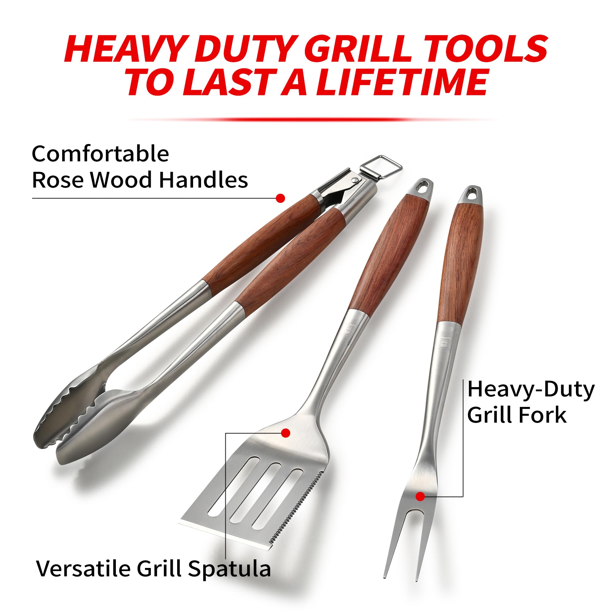 GRILAZ Heavy-Duty Rose Wooden BBQ Grilling Tools Set. Extra Thick Stainless Steel Multi-Function Spatula, Fork & Tongs | Essential Accessories for Barbecue & Grill. Ideal Gift for Father…