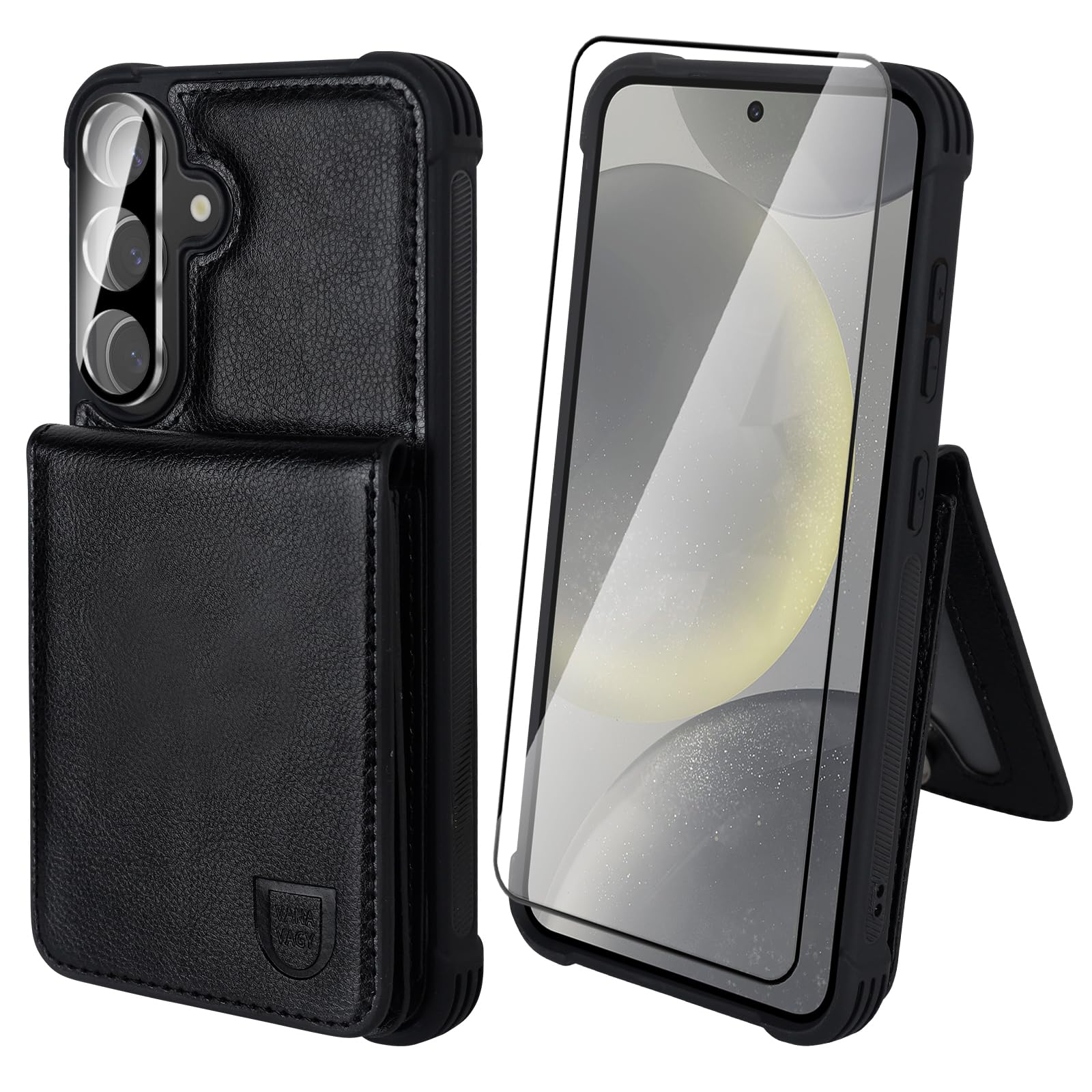 VANAVAGY Wallet Case Compatible for Galaxy S24 5G for Women and Men,Leather Magnetic Clasp Flip Folio Phone Cover with Credit Card Holder and Coin Pocket,Black