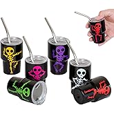 Mini Shot Glasses with Lids and Straws, 3 oz Cute Halloween Style Stainless Steel Insulated Tumbler Cup for Drink Cocktail Bar Beach Party Gift (6 Packs) (Halloween Colorful Skeleton（3 oz-6 pcs）)