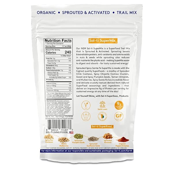 SOL-TI SUPERFOOD ORGANIC SPROUTED & ACTIVATED TRAIL MIX – HIGH PROTEIN – SPICY SANTA FE SUPERMIX® (6 BAGS, 1.7 OZ EACH)