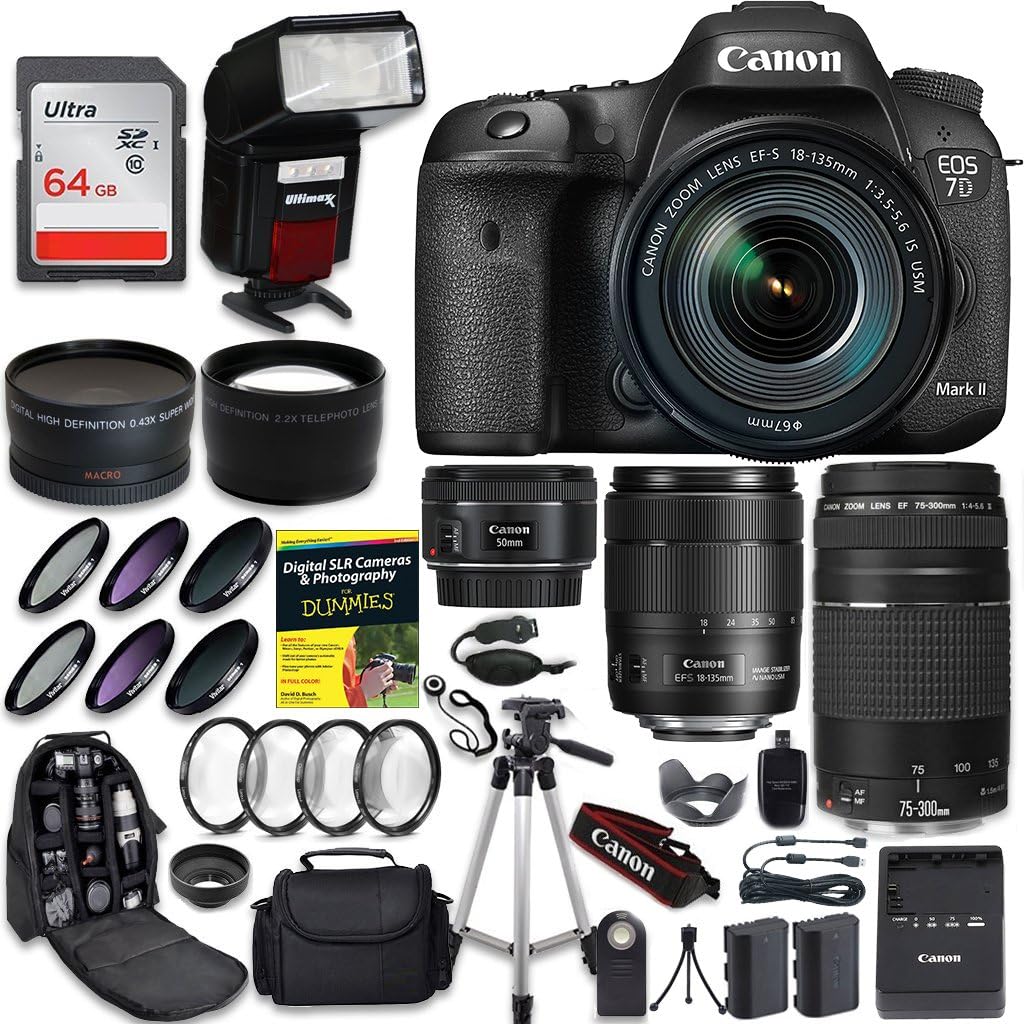 Canon EOS 7D Mark II SLR Camera FIVE Lens PRO BUNDLE + Canon EF-S 18-135mm f3.5-5.6 + Canon EF 75-300mm f4-5.6 III + Canon 50mm f/1.4 + .43 Wide Angle & 2.2 Telephoto Lens + 64GB Card + CW Cloth