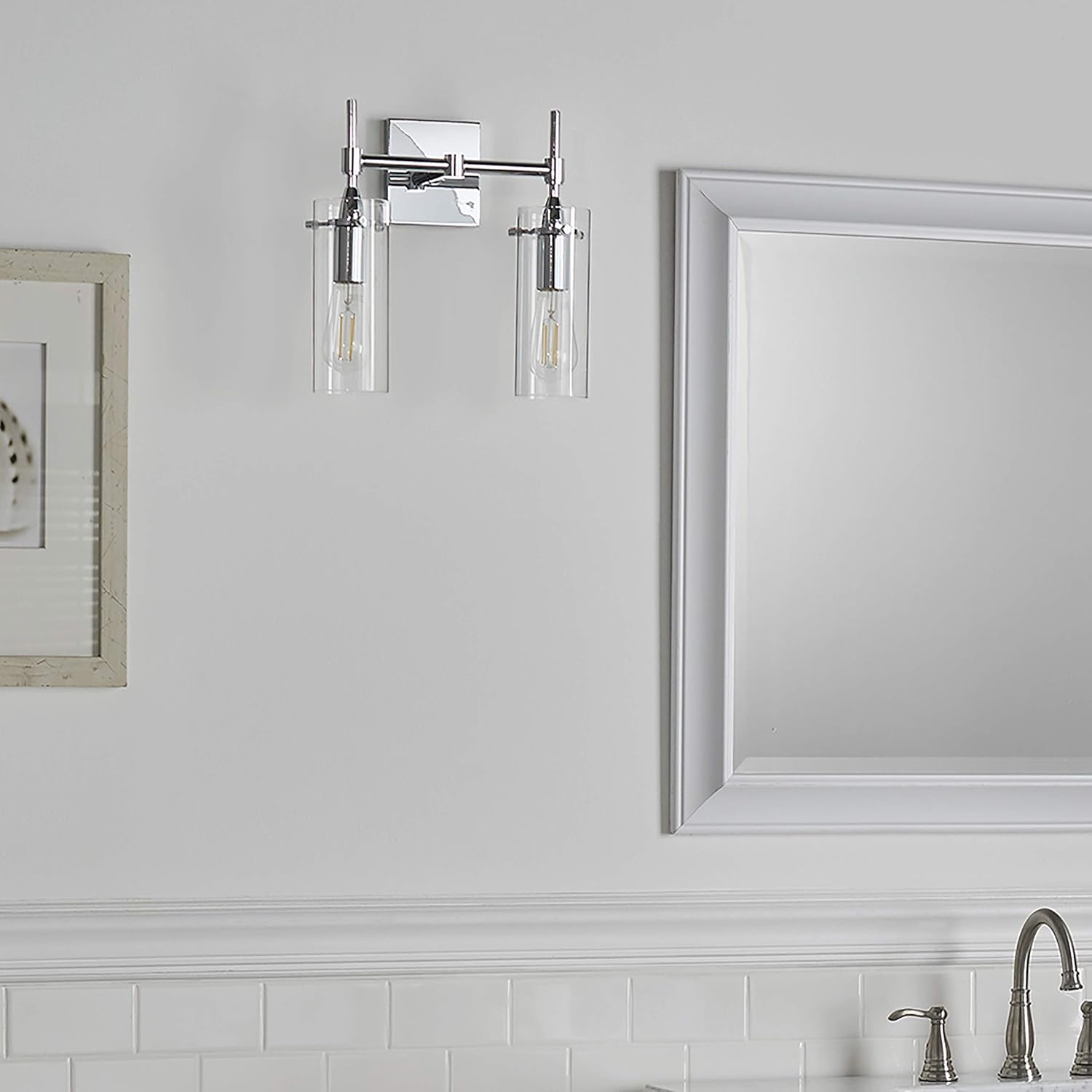 Effimero Chrome Bathroom Vanity 2 Light Fixture - Modern Over Mirror Lighting with Clear Glass Shades - - 