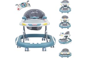 Uuoeebb Baby Walker, 4 in 1 Foldable Baby Walker with Wheels, Activity Walker with 4 Adjustable Height, Baby Walker for Boys Girls, Music, Removable Play Tray (Blue)