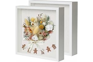 Muzilife Shadow Box Picture Frame with Linen Board Deep Wood Glass Display Case Ready to Hang Memory Box Baby Sports Memorabilia, Pins, Awards, Medals, Wedding, Tickets and Photos (White, 2pcs 8X8)