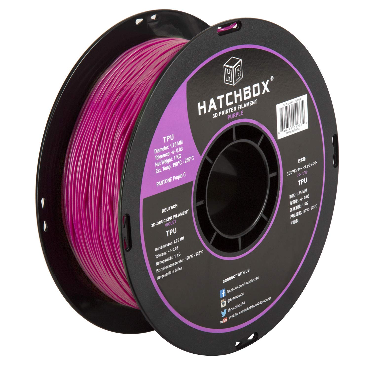 HATCHBOX TPU 3D Printer Filament, Dimensional Accuracy +/- 0.03 mm, 1 kg Spool, 1.75 mm, Shore 95A, Purple