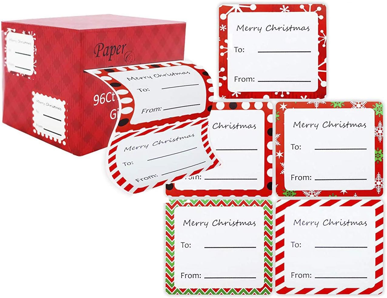 Jumbo Christmas Gift Tag Stickers Modern Red, Green, White, Silver, and Gold Xmas Designs - Looks Great on Gifts Presents, Wrapping Paper and Gift Bags. (Designs 2, 96 Count): Health & Personal Care