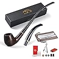 Joyoldelf Ebony Tobacco Pipe Set - Handmade Pipe with Replaceable Short and Long Pipe Stem, Wood Pipe with Pipe Stand, Pipe Starter Kit with Gift Box and Accessories for Pipe Beginner
