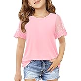 Haloumoning Girls Lace Short Sleeve T Shirts Kids Summer Crewneck Tunic Tops Curved Hem 5-14 Years