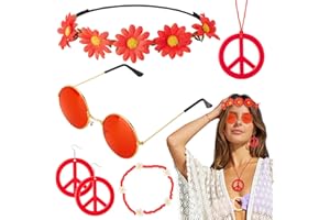 HENSAN 6PCS Hippie Costume Accessories Set, 60s70s Retro Hippie Glasses Peace Sign Earrings and Necklace Sunflower Hair Band
