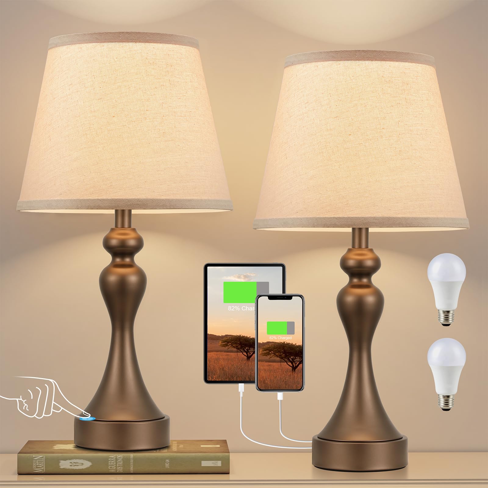 Seealle Touch Lamps for Nightstand - Bedside Lamps Set of 2, 3 Way Dimmable, USB C+A for Bedroom & End Tables (Brown&Oat) Image Seealle Touch Lamps for Nightstand - Bedside Lamps Set of 2, 3 Way Dimmable, USB C+A for Bedroom & End Tables (Brown&Oat) Image