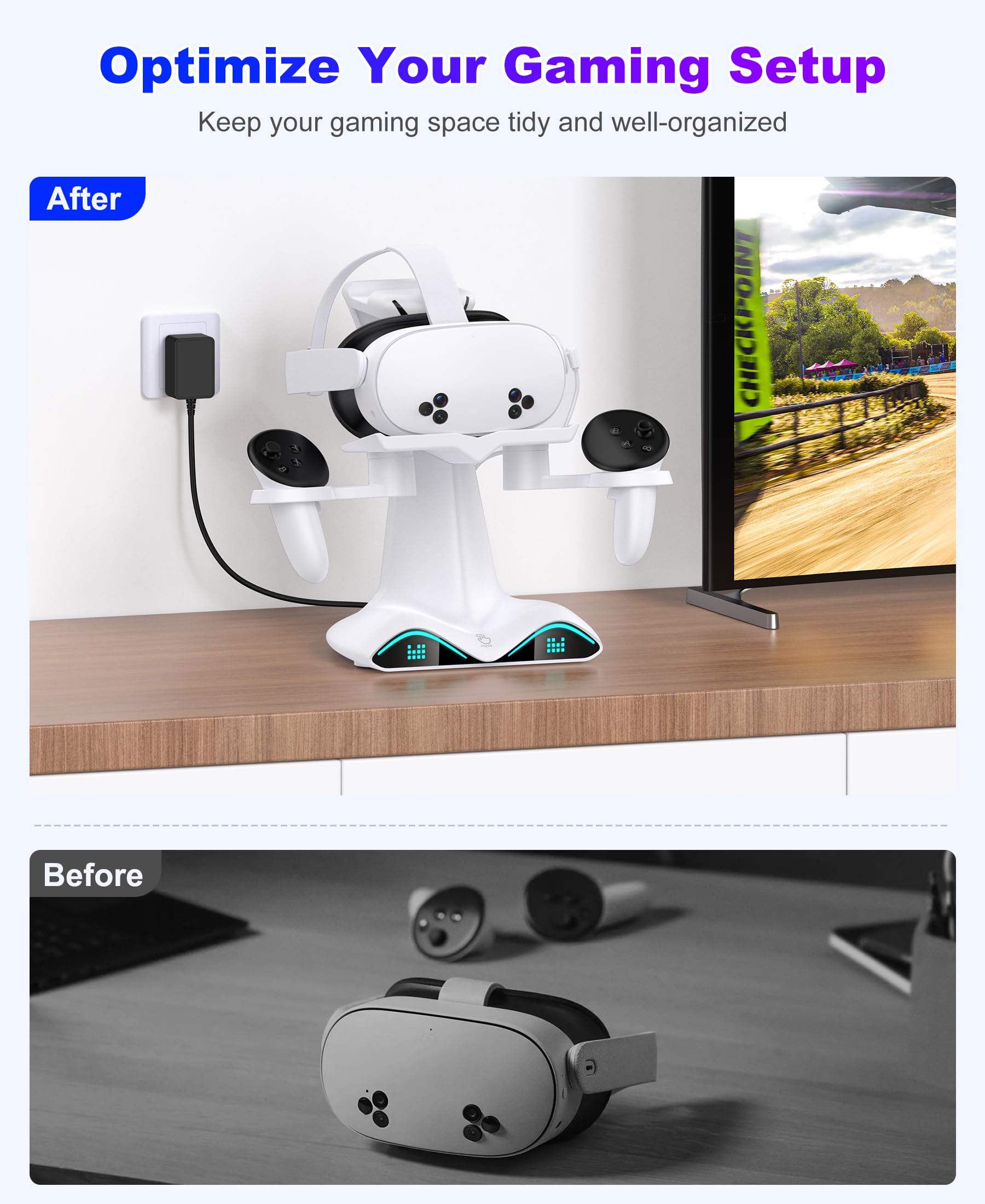 Kawaye Fast Charging Dock for Oculus Quest 2/3/Quest 3S Accessories, VR Headset Vertical Charging Station with Dynamic Color Light, 4 Pack Rechargeable Batteries,15W Adapter