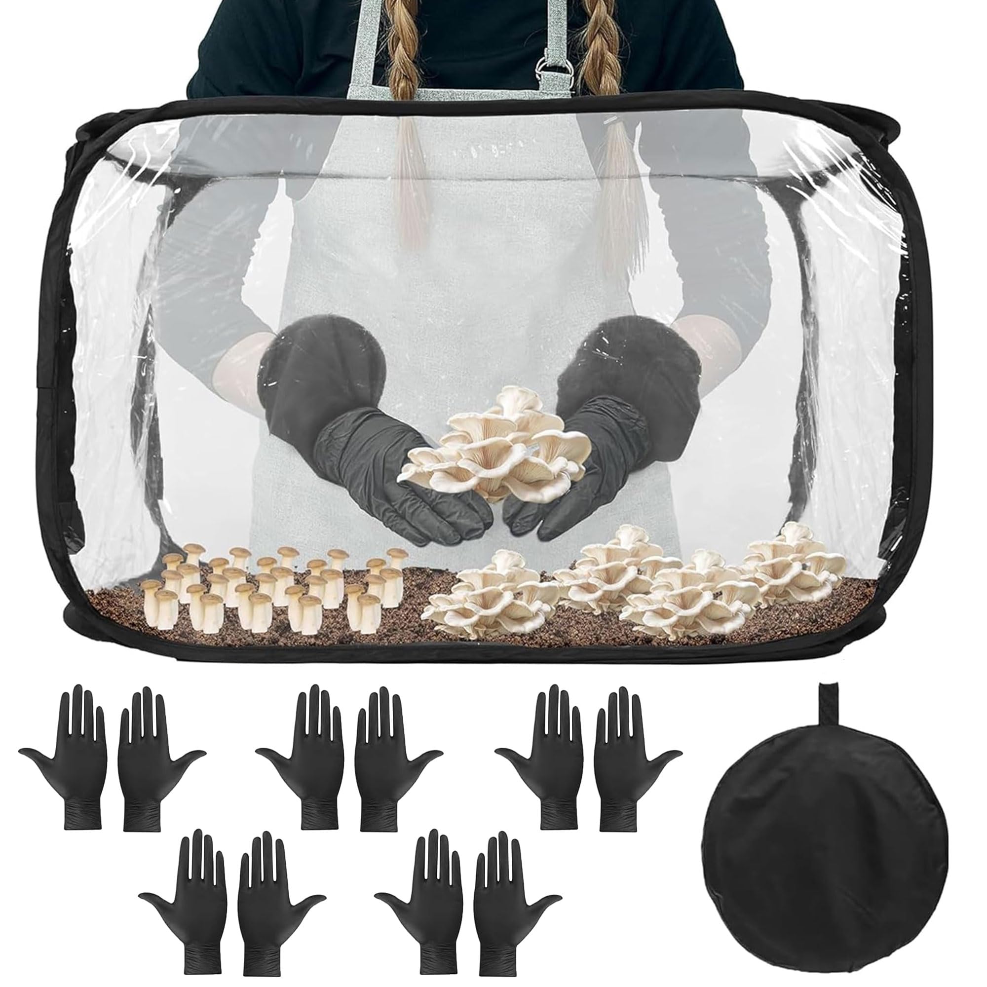 ohbien Mushroom Growing Still Air Box 32x20x20in, Pop Up Portable Mushroom Grow Tent Kit with 5 Pairs Gloves and Mushroom Grow Bags for Home Scientist Mushroom Growers