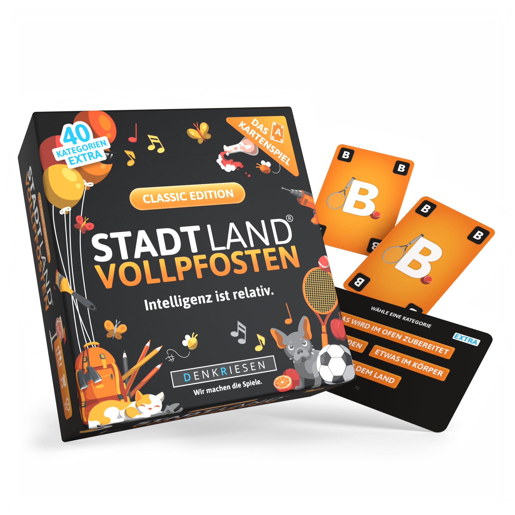 DENKRIESEN - Stadt Land Vollpfosten® The Card Game Classic Edition 'Inteligence is Relative' | Gift | Travel Game | 200 Categories | from 12 Years | 3-6 Players | Family | City Country River