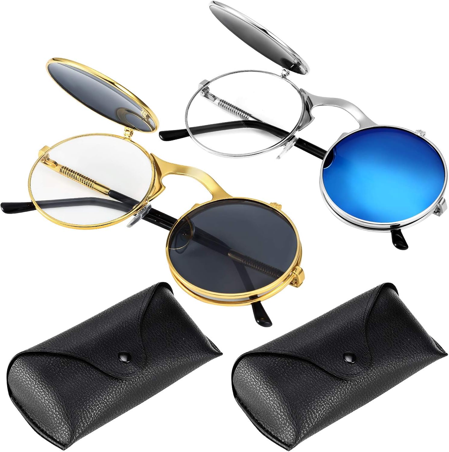 2 Pieces Retro FlipUp Round Mirror Colored Lens Sunglasses for Men