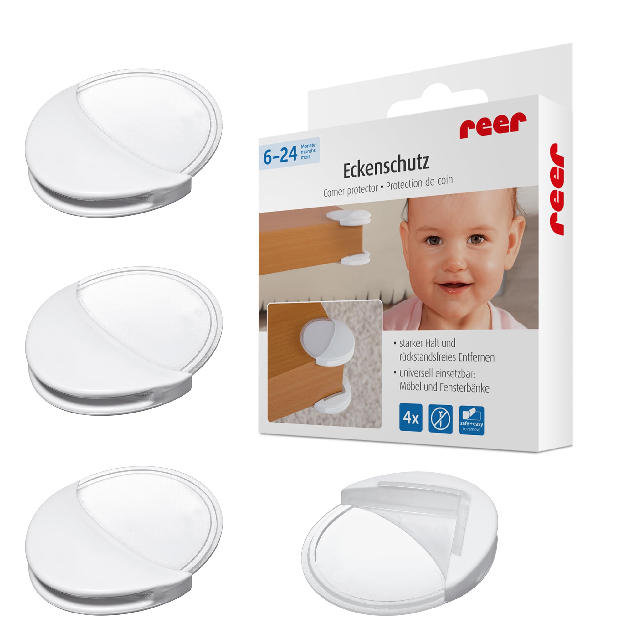 reer Baby Corner Protectors 82010 Strong Hold Tested Child Safe Pack of 4 White/Clear