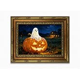 Framed Halloween Canvas Wall Art Vintage Pumpkin Ghost Print 10x8 Decor | Vintage Halloween painting print with pumpkin and ghost design, ready to hang wall decor for living room bedroom bookshelf