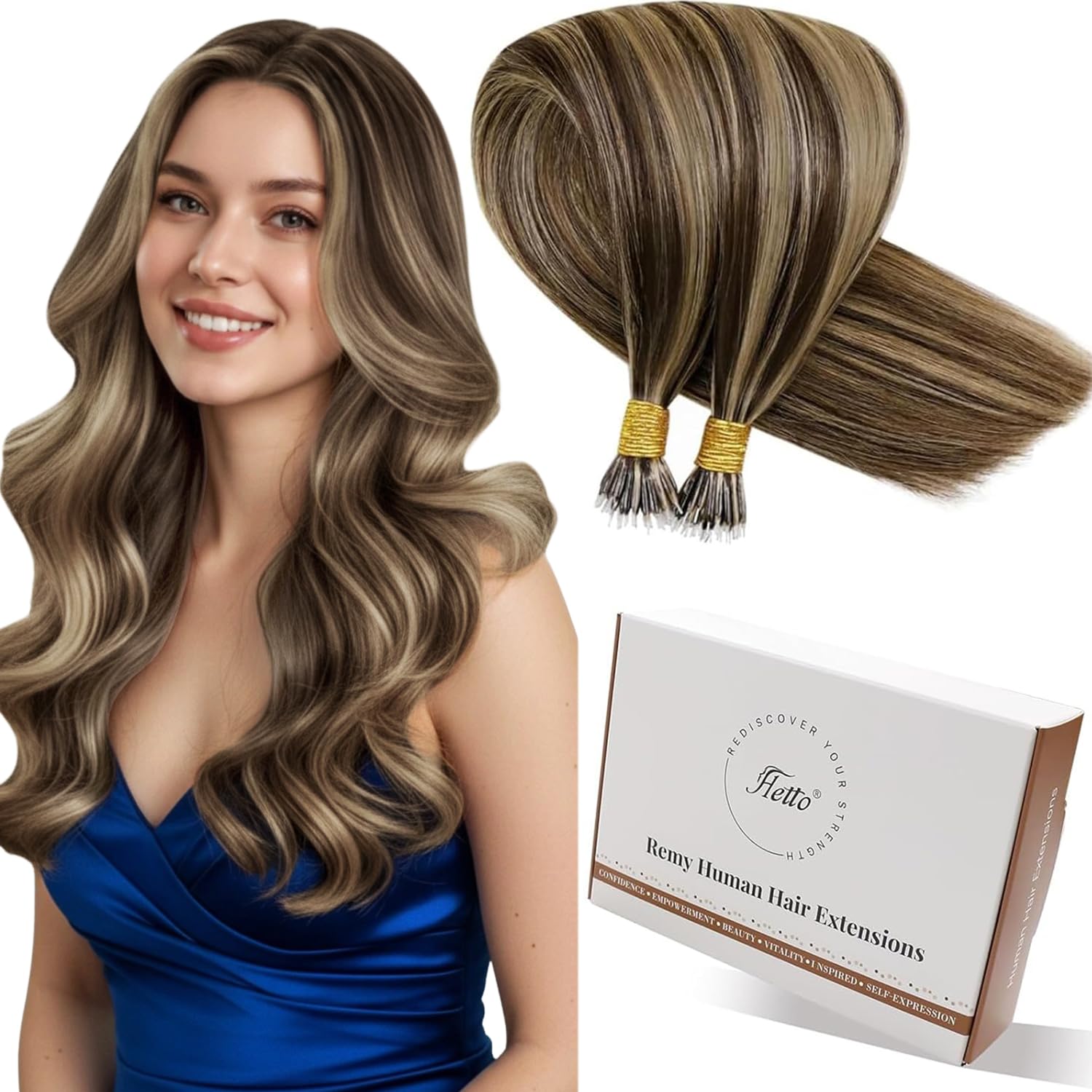 Hetto Nano Hair Extensions Real Human Hair Brown Highlights Blonde - Invisible Nano Beads Human Hair, Blonde Natural Blend Nano Ring Hair Extensions for Daily Wear 14 Inch 50 g 50 strands #P4/27