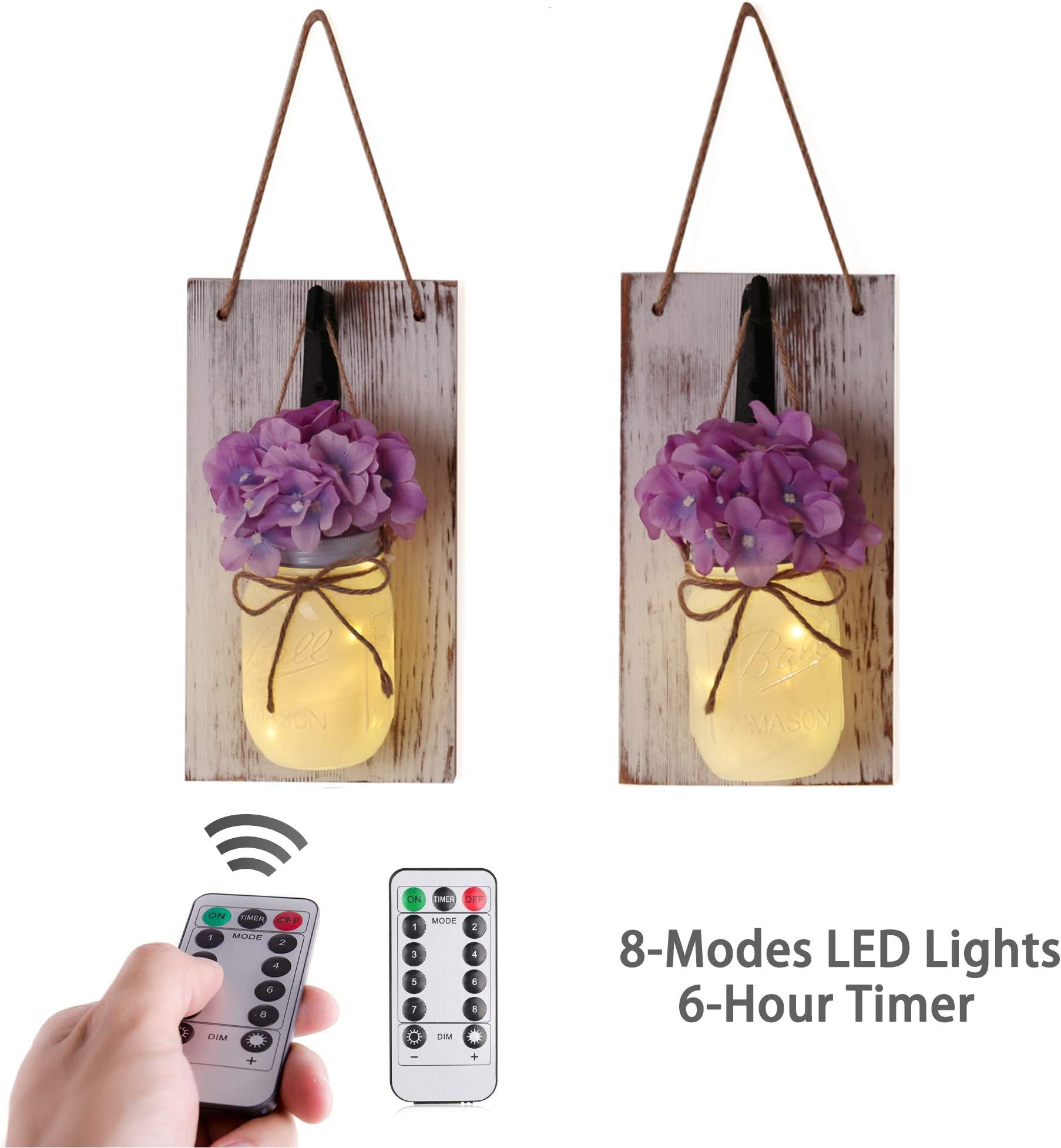 CALATOUR Mason Jar Wall Sconces Set of Two,Warm and Romantic Decor,Remote Control,8-Modes LED Lights,6-Hour Timer(Distressed White)