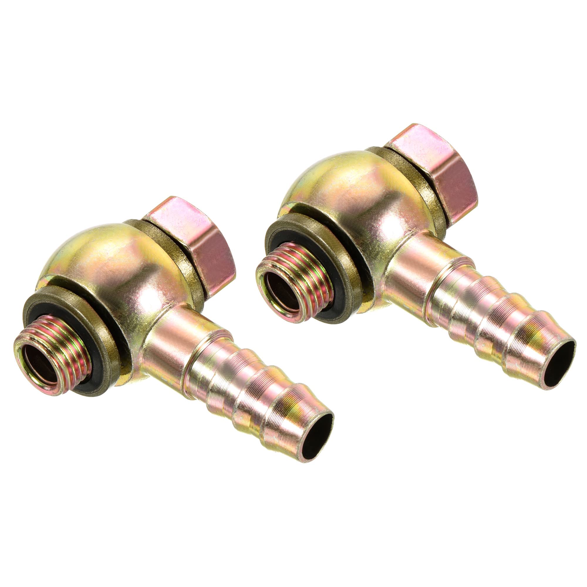 PATIKIL Hose Barb Fitting Elbow 10mm Barbed M10x1 Male Thread, 2 Pack Carbon Steel Pipe Adapters Connectors for Air Water Fuel Oil, Gold