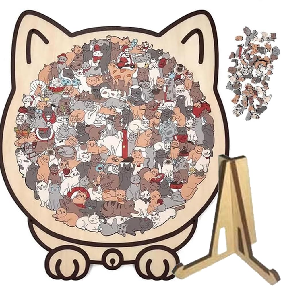 Photo 1 of 135-Piece Cat Shaped Wooden Jigsaw Puzzle,Morandi Colors with Acrylic Cover, Decorative Animal Design for Adults, Home Decor