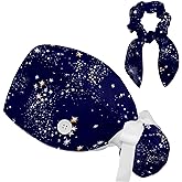 Women's Working Caps Bouffant Surgical Cap with Bow Scrunchies Little Daisy Art Paint Ponytail Holder Tie Back Scrub Hat