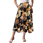 POPZONE Women's Elastic High Waist Midi Skirts 2025 Floral Print Casual Flowy Pleated Summer A-line Skirt