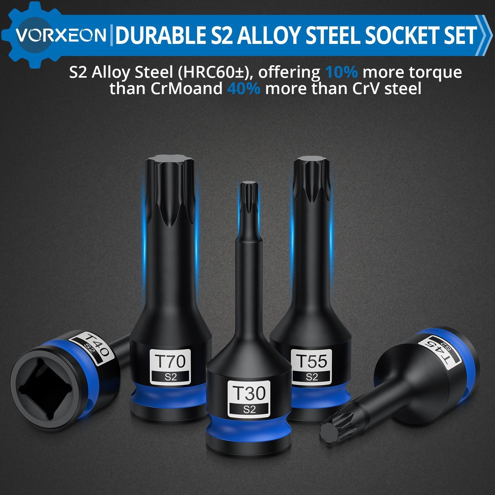 VORXEON 8-teiliges 1/2 Torx-Steckschlüssel-Set en S2 Stahl s*per Hard T30 T40 T45 T50 T55 T60 T70 T80 1/2 Drive Impact Star Bit Steckschlüssel-Set mit Aufbewahrungskoffer für elektrische 2