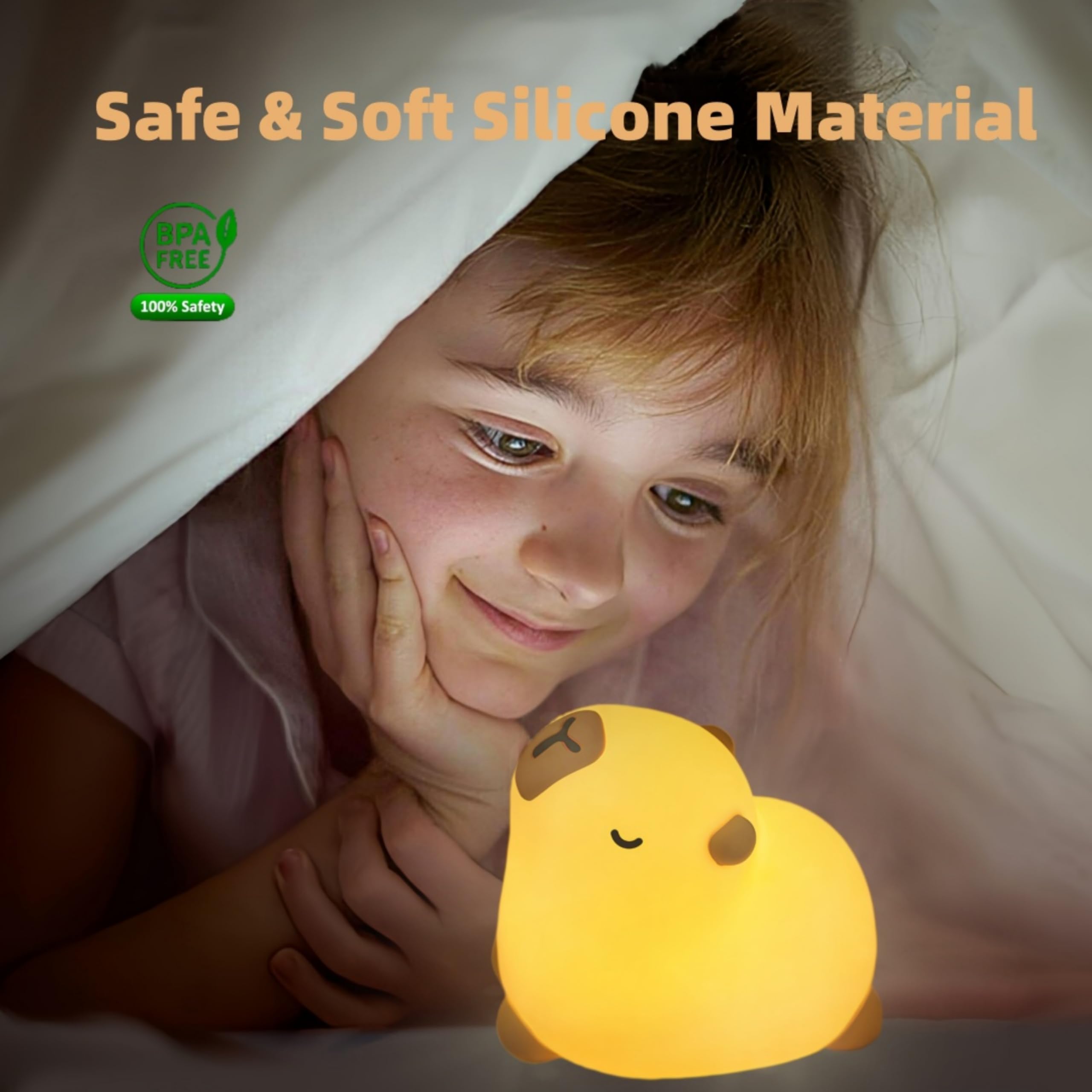 Microwear Cute Capybara Night Light,3 Levels Dimmable,Rechargeable Silicone Touch Lamp for Kids,Adults,Nursery,Bedroom,Desk Decor(Portable,Timer